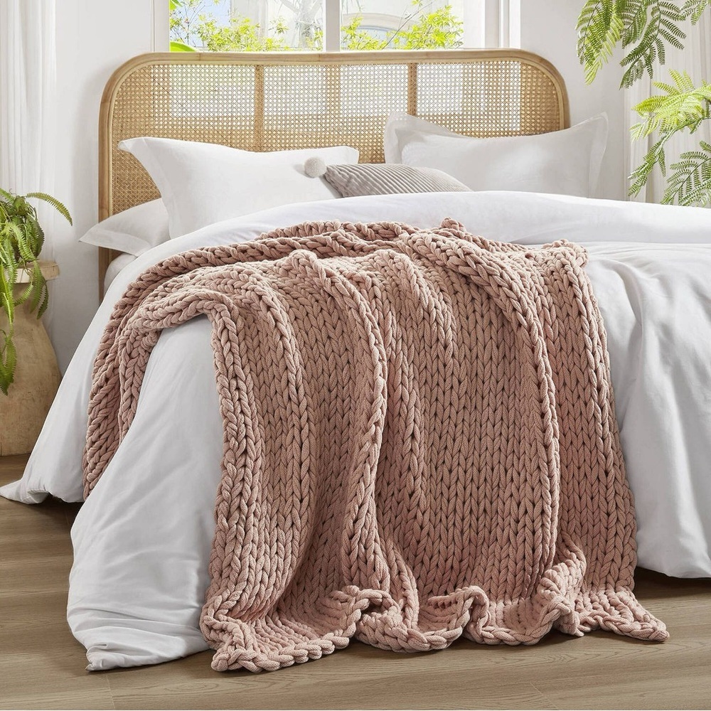 New Madison Park Chunky Double Knit Handmade Throw Blanket Blush Lux Acrylic